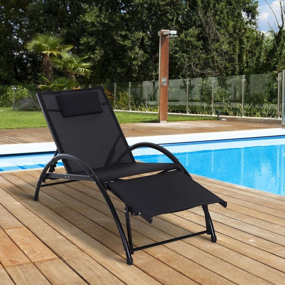 image-Sun Lounger Half Circle Arms Adjustable Head Footrest Aluminium Frame Black