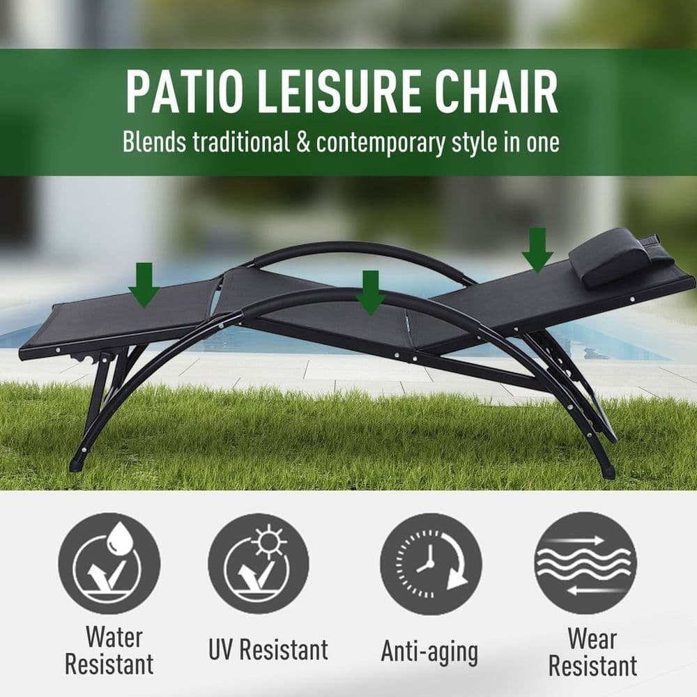 image-Sun Lounger Half Circle Arms Adjustable Head Footrest Aluminium Frame Black