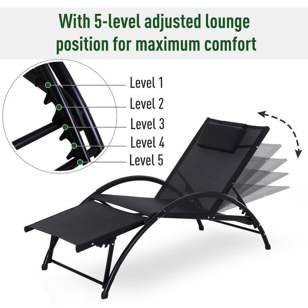 image-Sun Lounger Half Circle Arms Adjustable Head Footrest Aluminium Frame Black