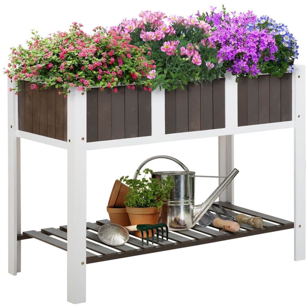 image-Wooden Planter Raised Elevated Garden Bed with Shelf Outdoor/Indoor