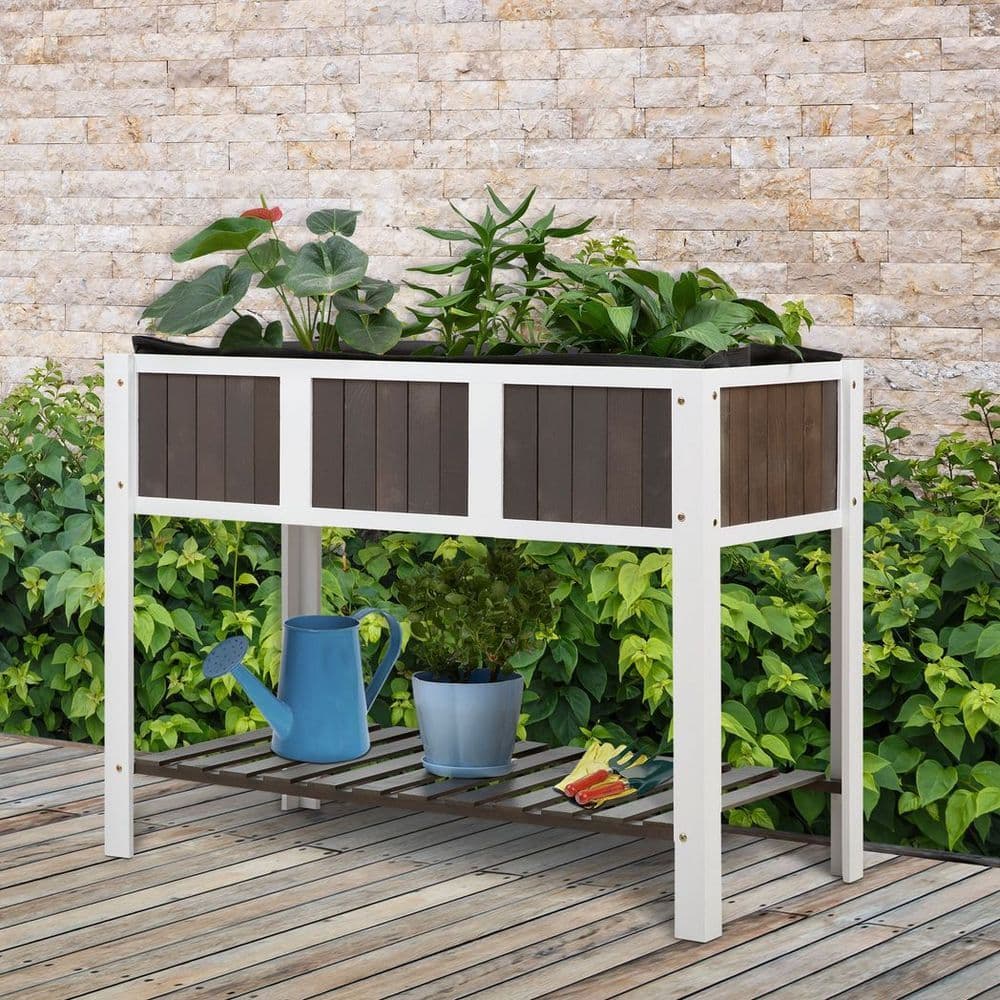image-Wooden Planter Raised Elevated Garden Bed with Shelf Outdoor/Indoor