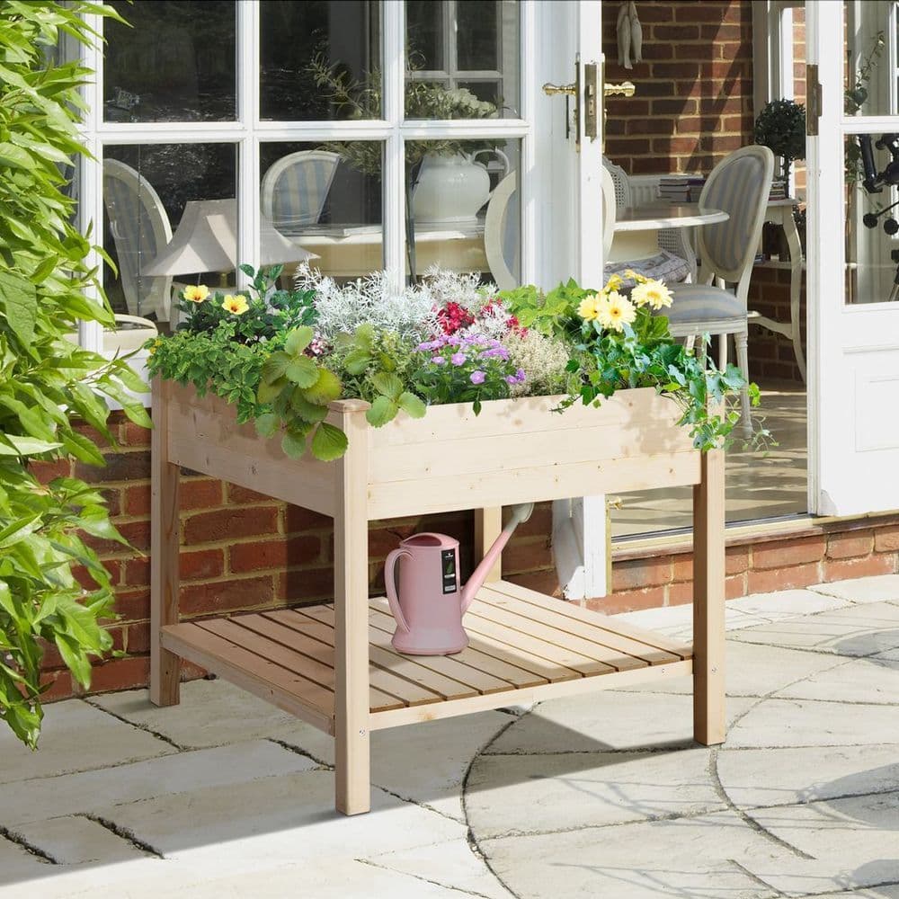 image-Elevated Garden Planting Bed Stand Outdoor Flower Box w/ Storage Shelf