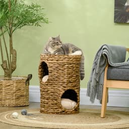 image-47cm Cat Barrel Tree for Indoor Cats w/ Two Cat Houses, Cushion