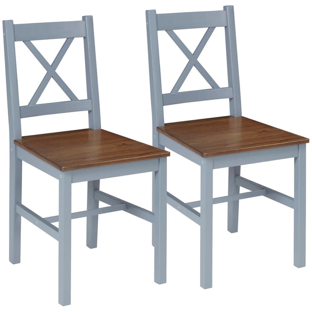 image-Dining Chairs Set of 2, Pine Wood Frame, Cross Back for Kitchen Grey