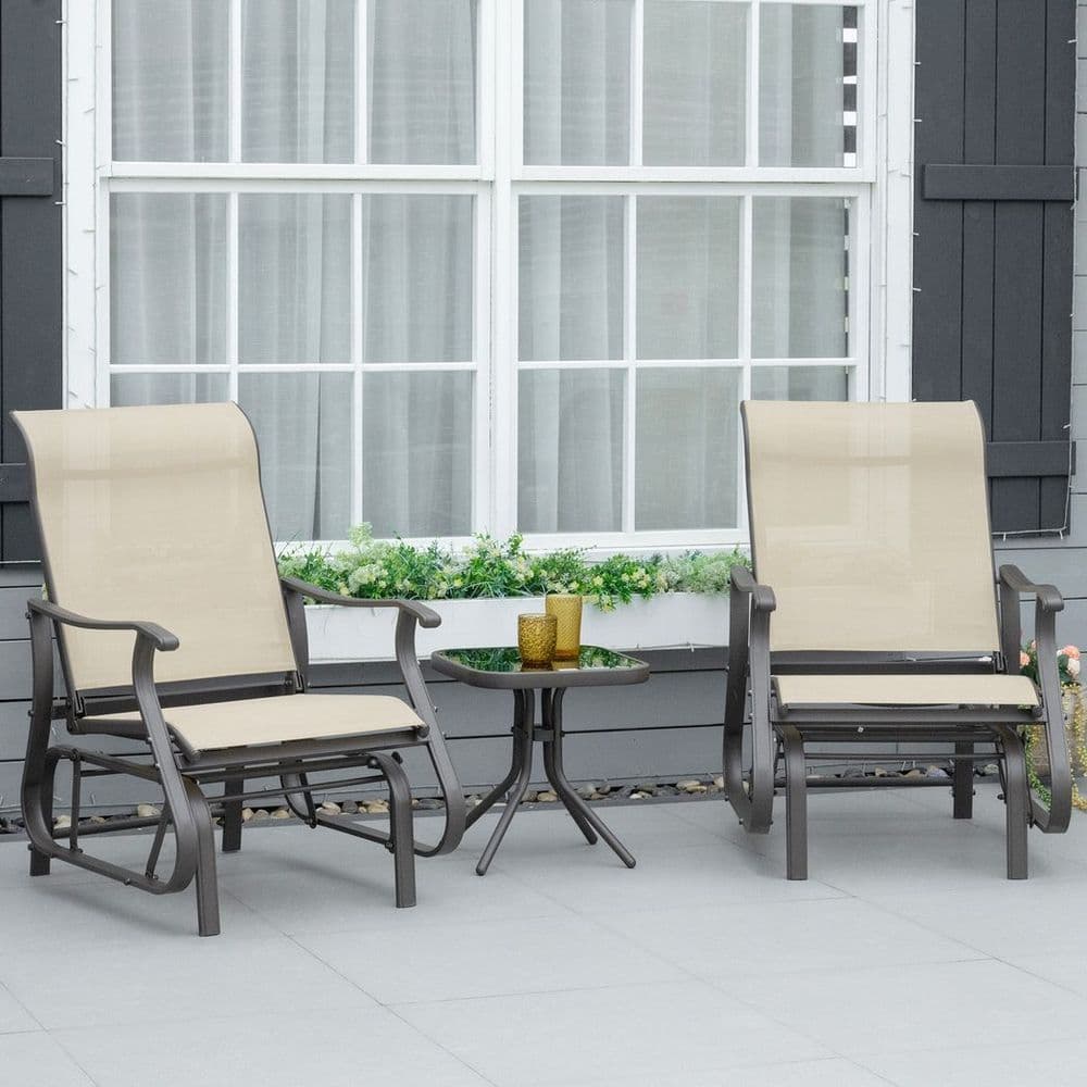 image-3PCS Outdoor Gliding Chairs w/ Table Set Patio Garden Furniture Khaki