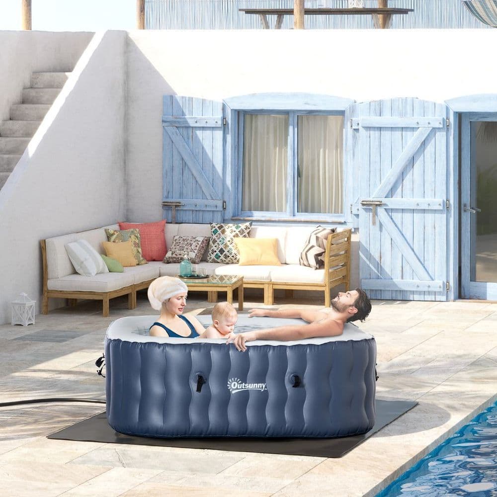 image-Outdoor Square Inflatable Hot Tub Spa w/ Pump, 4-6 Person, Dark Blue