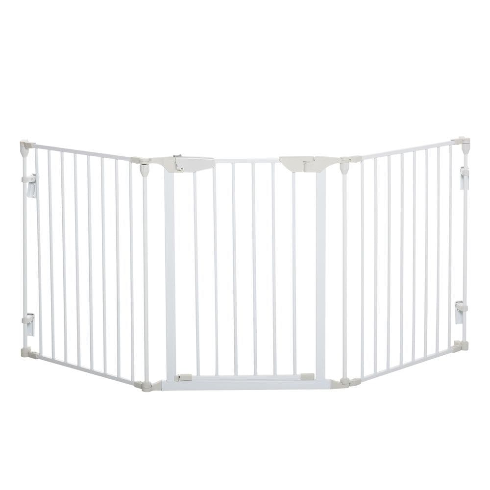 image-Pet Safety Gate 3-Panel Playpen Metal Fence W/ Walk Through Door White