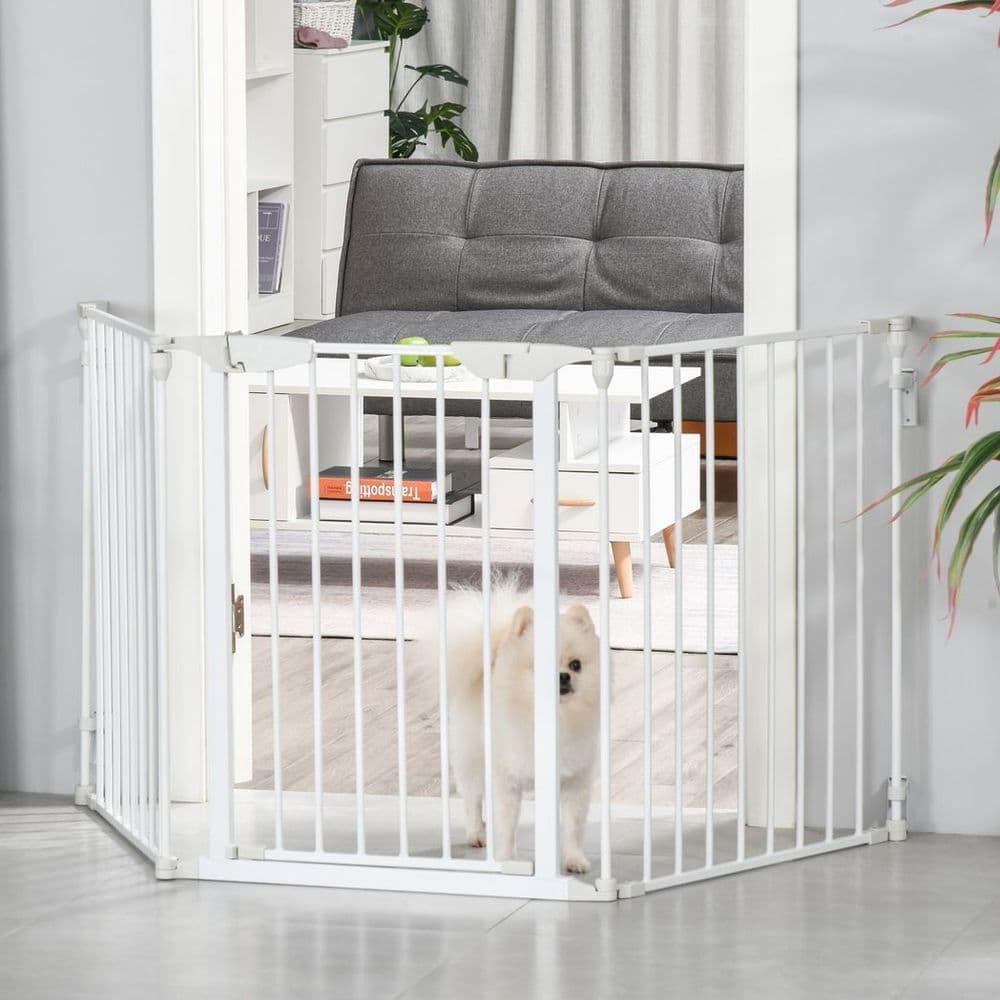 image-Pet Safety Gate 3-Panel Playpen Metal Fence W/ Walk Through Door White
