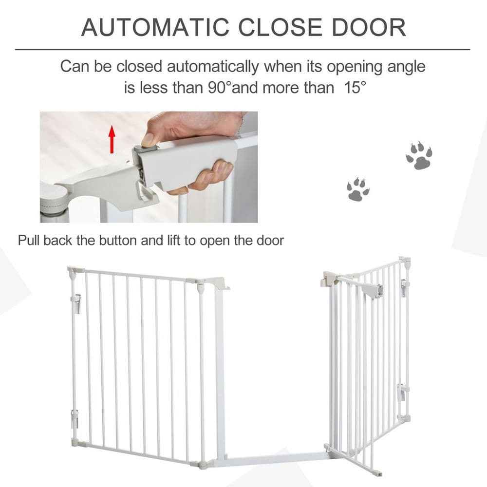 image-Pet Safety Gate 3-Panel Playpen Metal Fence W/ Walk Through Door White