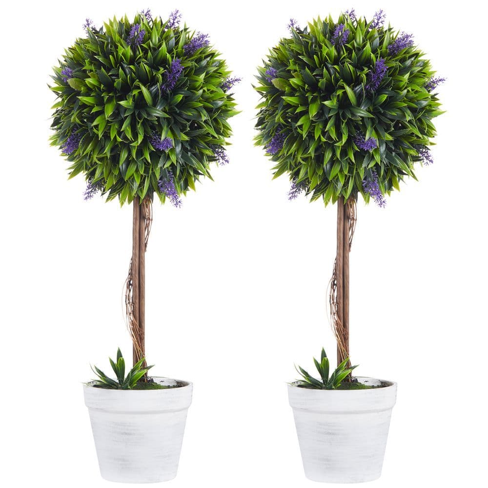image-Set of 2 Potted Artificial Plants Ball Tree with Lavender Flowers, 60cm