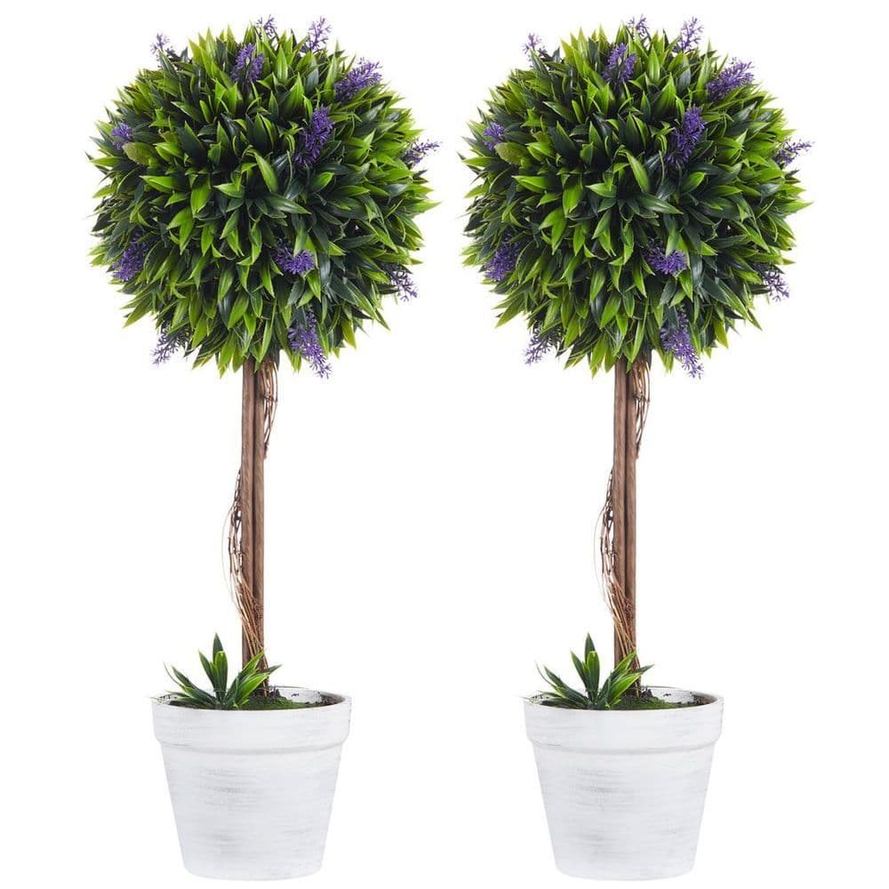 image-Set of 2 Potted Artificial Plants Ball Tree with Lavender Flowers, 60cm