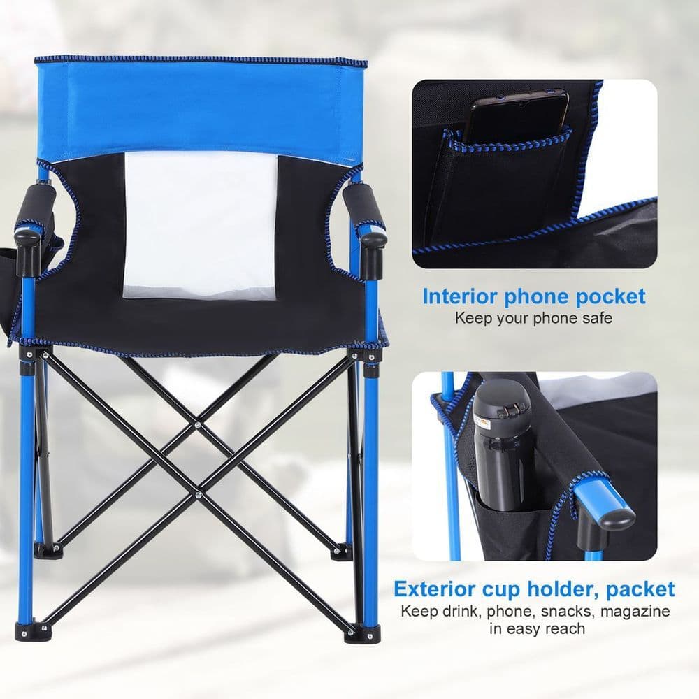 image-Outdoor Folding Fishing Camping Chair w/Cup Holder,Pocket,Backrest Blue
