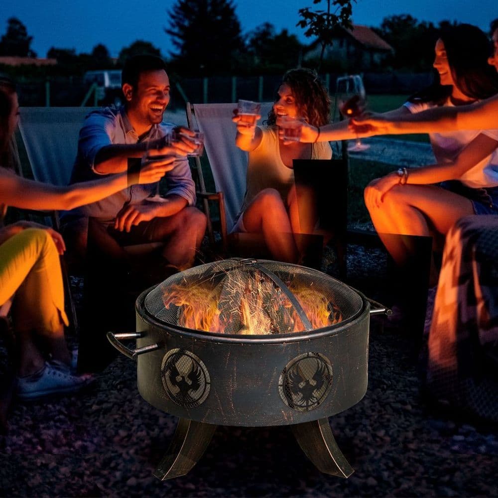 image-Outsunny Outdoor Fire Pit Firebowl with Screen Cover & Poker For Patio Backyard