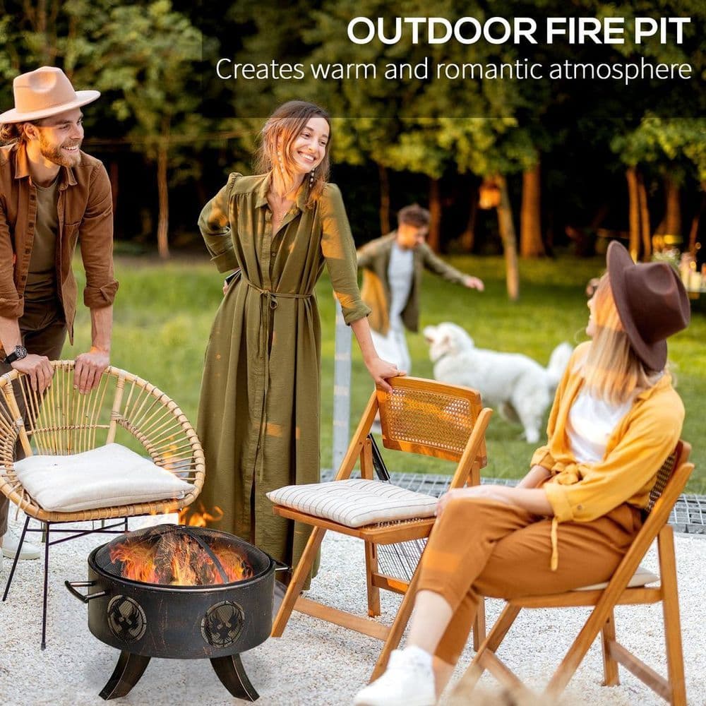 image-Outsunny Outdoor Fire Pit Firebowl with Screen Cover & Poker For Patio Backyard