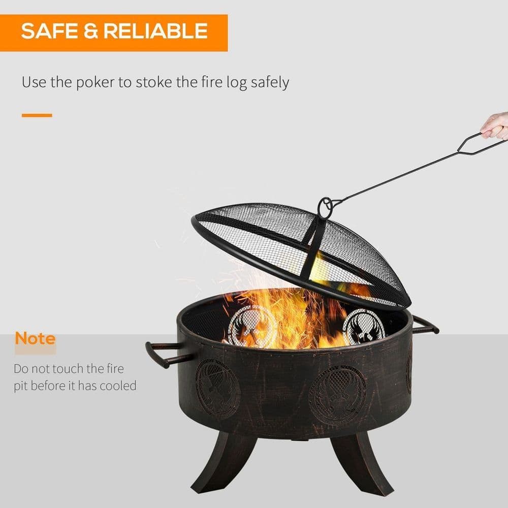 image-Outsunny Outdoor Fire Pit Firebowl with Screen Cover & Poker For Patio Backyard