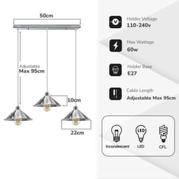 image-3 Head Rectangle Base Industrial Vintage Ceiling Pendant Light Shade Hanging Lamp
