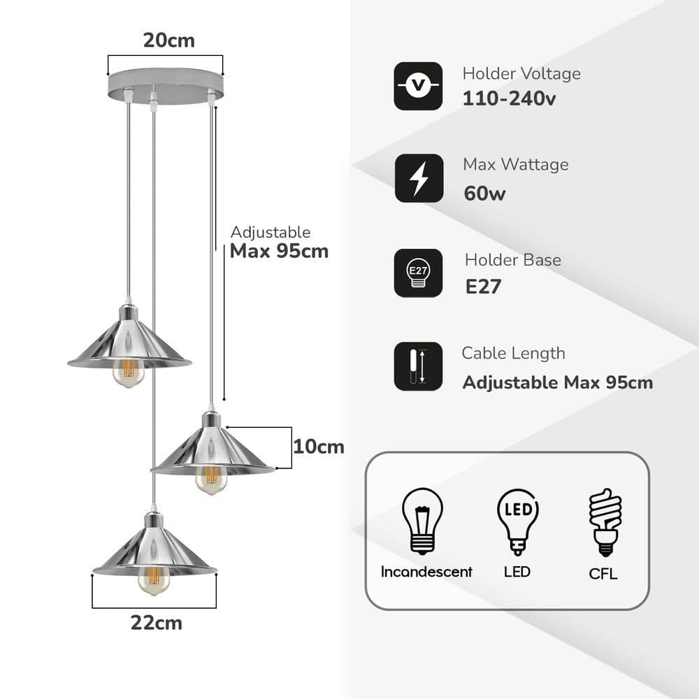 image-3 Head Round Base Industrial Vintage Ceiling Pendant Light Shade Hanging Lamp Lights
