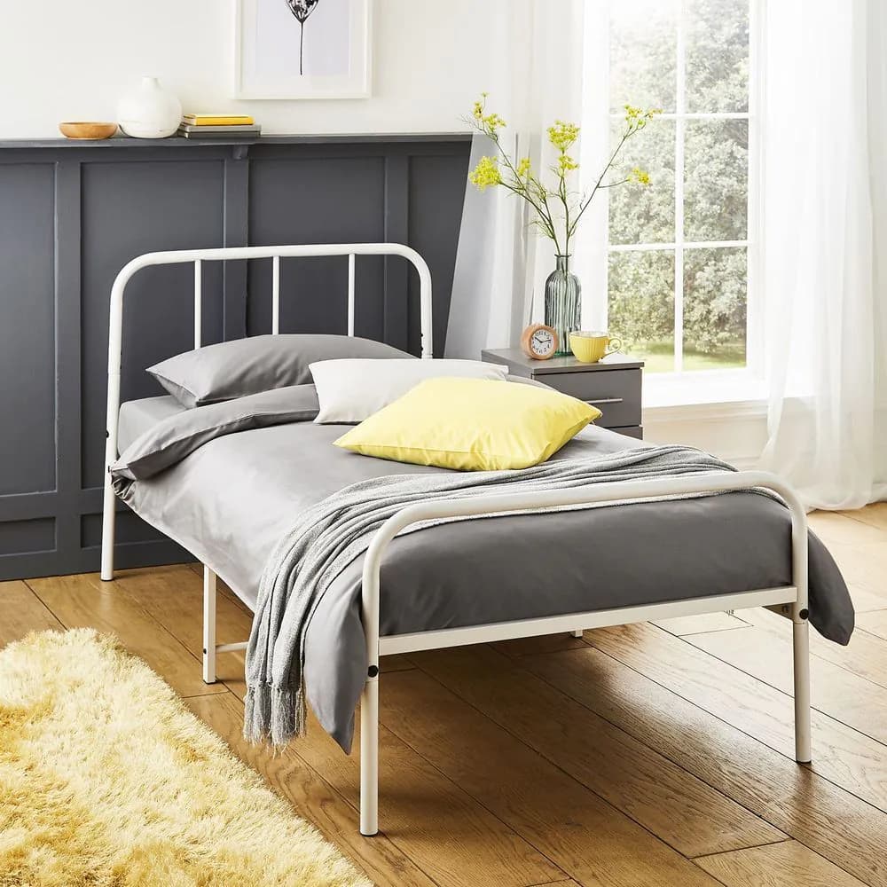 image-Extra Strong Single Metal Bed Frame with Rounded Head and Foot Board In White - Improved