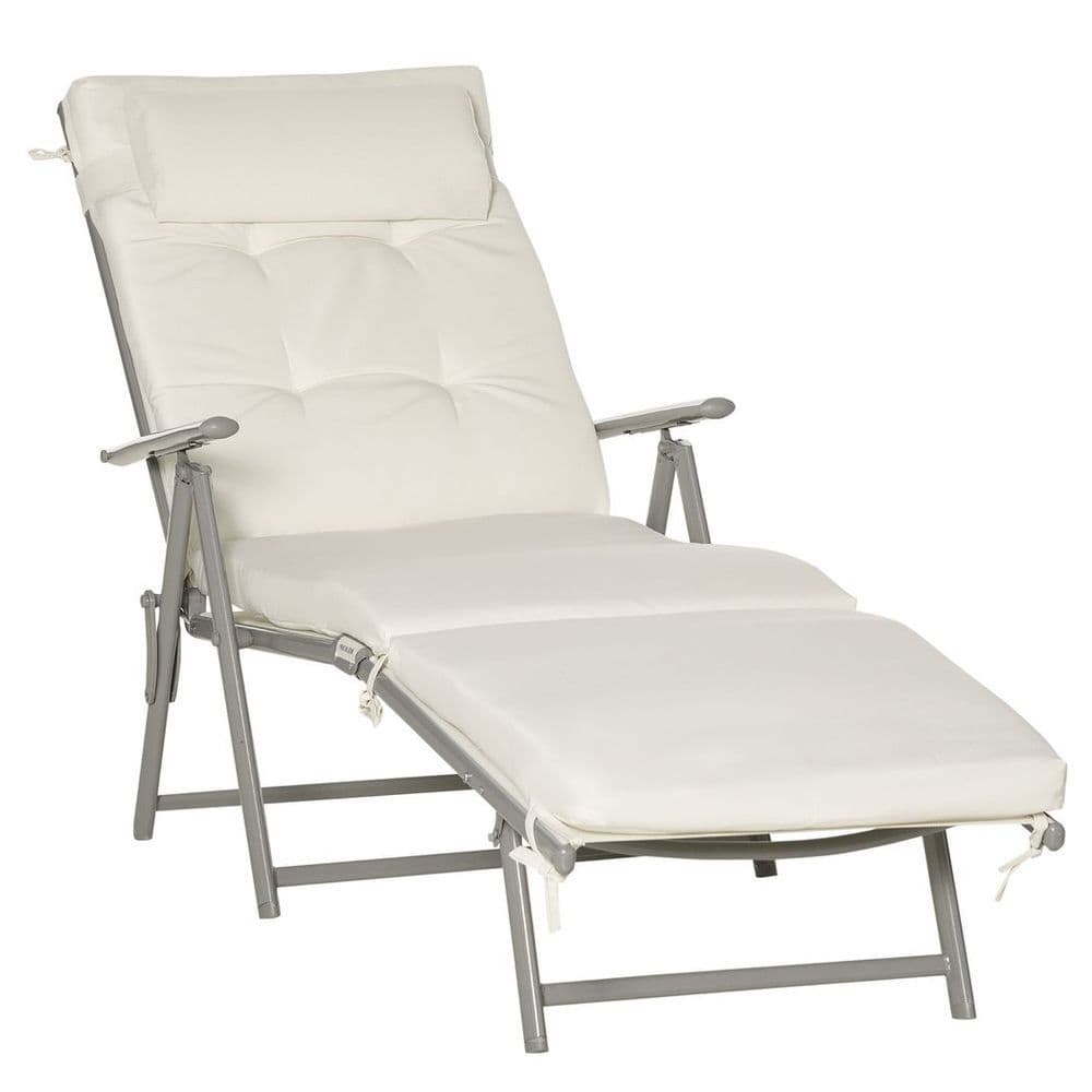 image-Sun Lounger Recliner Foldable Padded Seat Adjustable Texteline White
