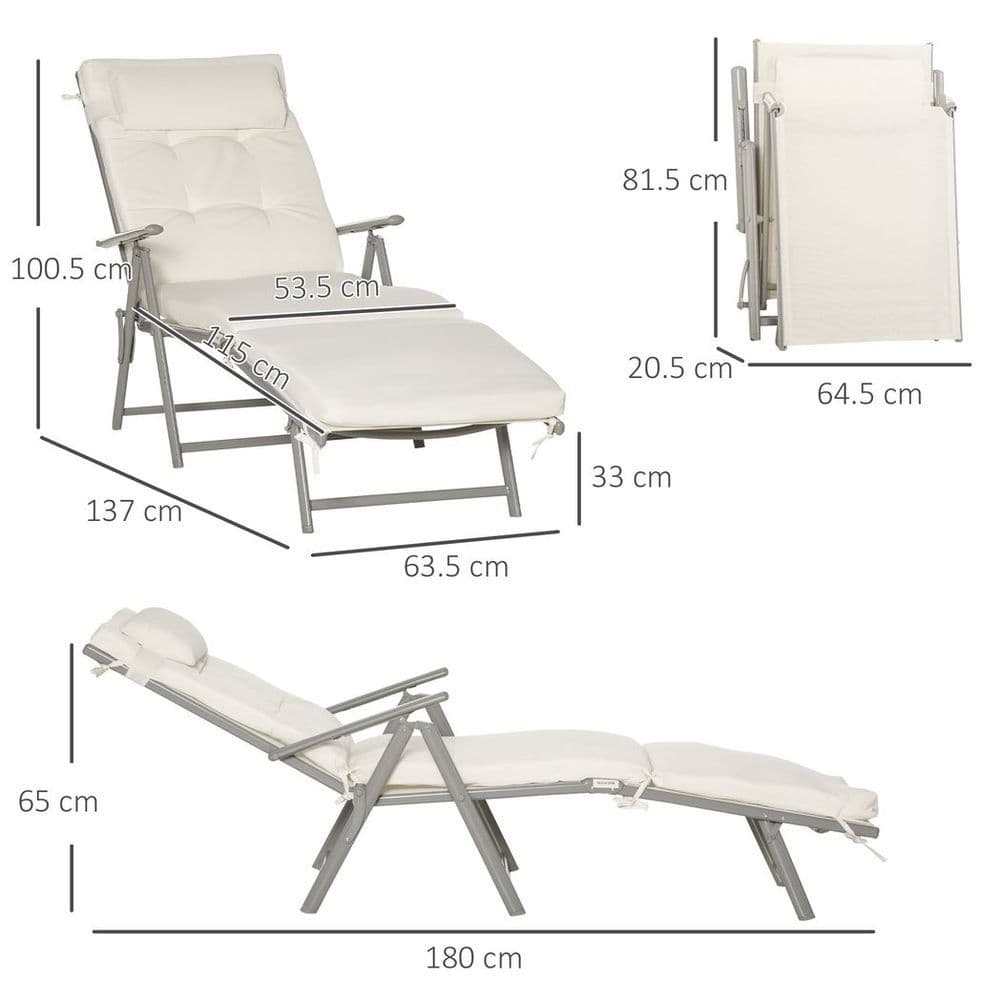 image-Sun Lounger Recliner Foldable Padded Seat Adjustable Texteline White