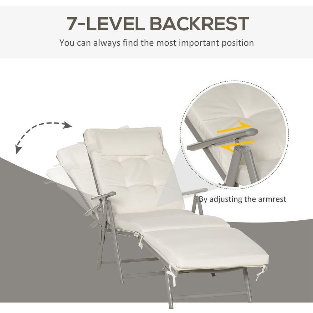 image-Sun Lounger Recliner Foldable Padded Seat Adjustable Texteline White