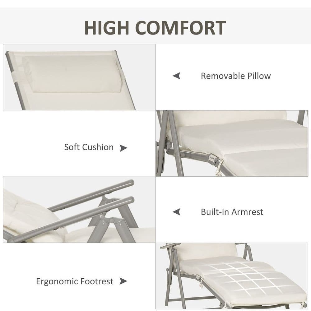 image-Sun Lounger Recliner Foldable Padded Seat Adjustable Texteline White