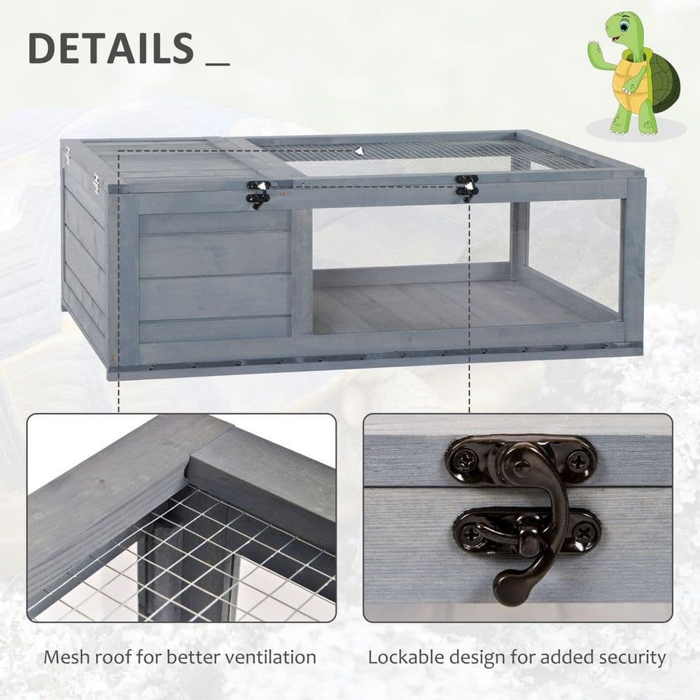 image-Tortoise House with Mesh Roof, Small Pet Reptile Wooden House, Grey