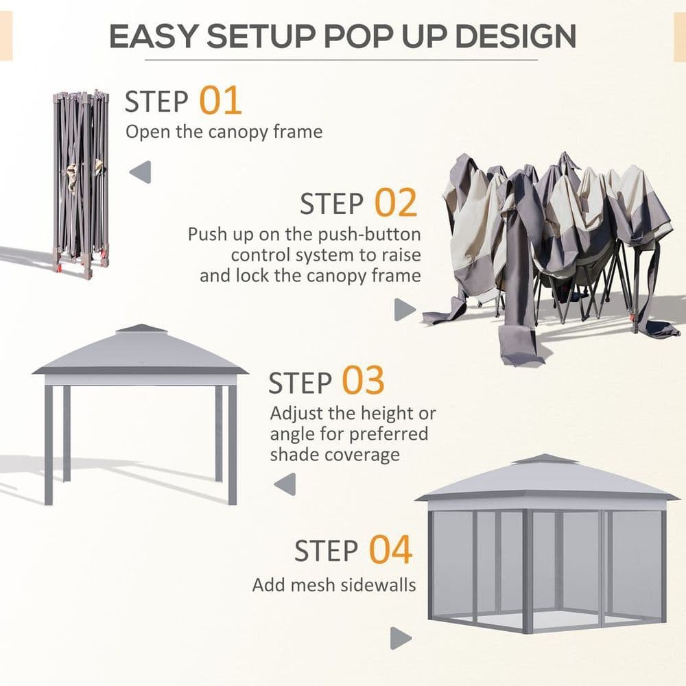 image-Pop Up Gazebo Height Adjustable Canopy Tent w/ Carrying Bag, Grey