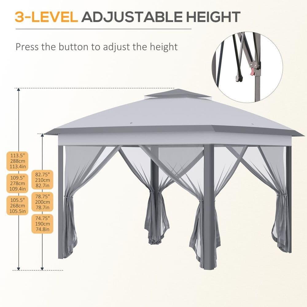 image-Pop Up Gazebo Height Adjustable Canopy Tent w/ Carrying Bag, Grey