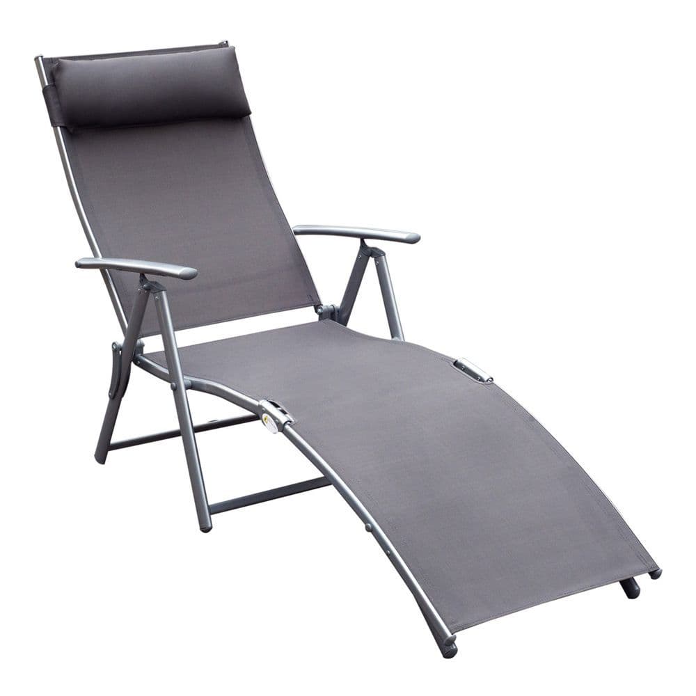 image-Sun Lounger Recliner w/ Pillow Foldable 7 Levels Textilene Grey