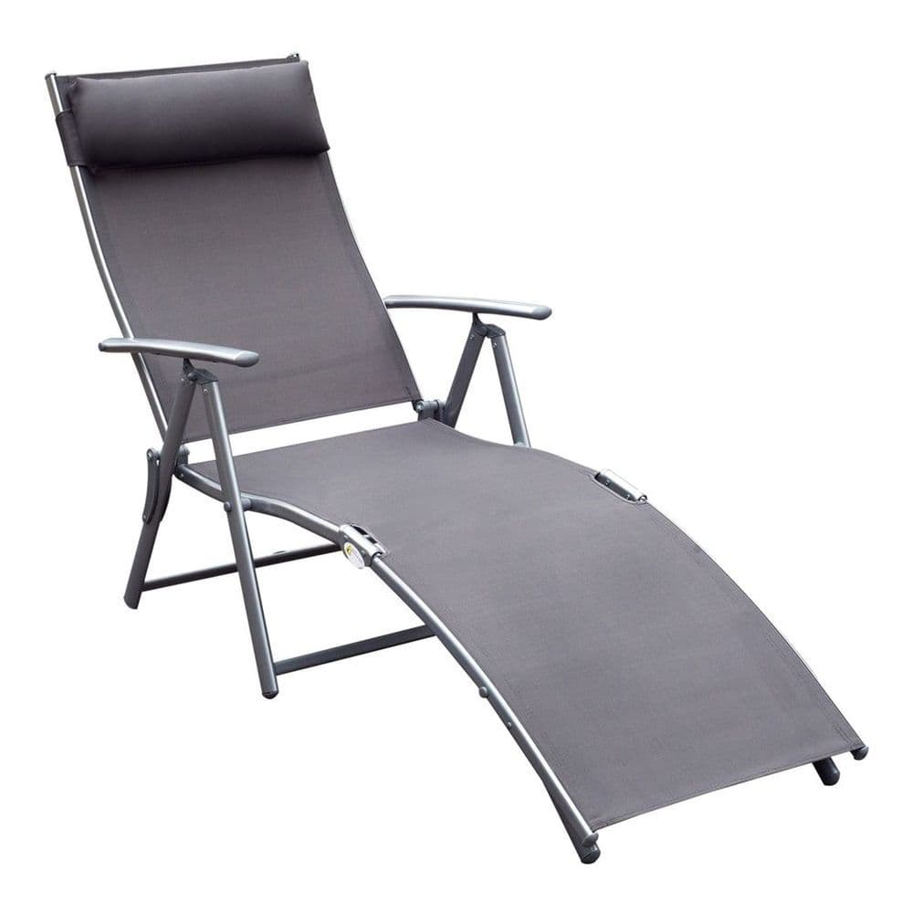 image-Sun Lounger Recliner w/ Pillow Foldable 7 Levels Textilene Grey