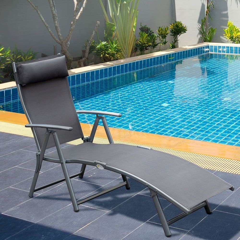 image-Sun Lounger Recliner w/ Pillow Foldable 7 Levels Textilene Grey