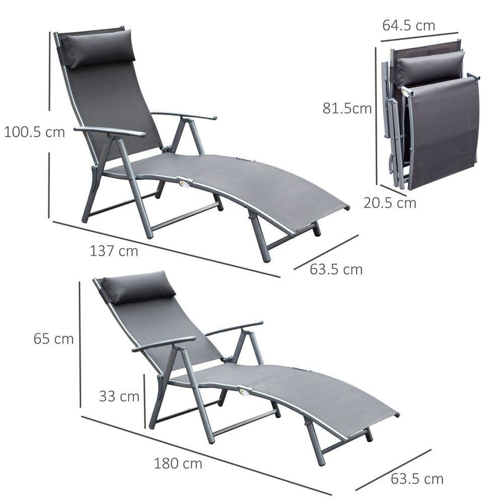 image-Sun Lounger Recliner w/ Pillow Foldable 7 Levels Textilene Grey