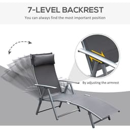 image-Sun Lounger Recliner w/ Pillow Foldable 7 Levels Textilene Grey