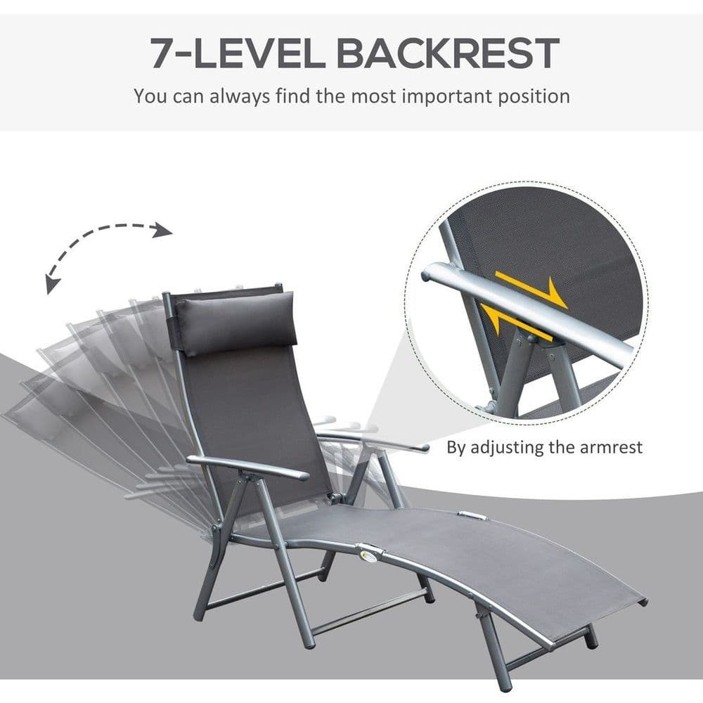 image-Sun Lounger Recliner w/ Pillow Foldable 7 Levels Textilene Grey