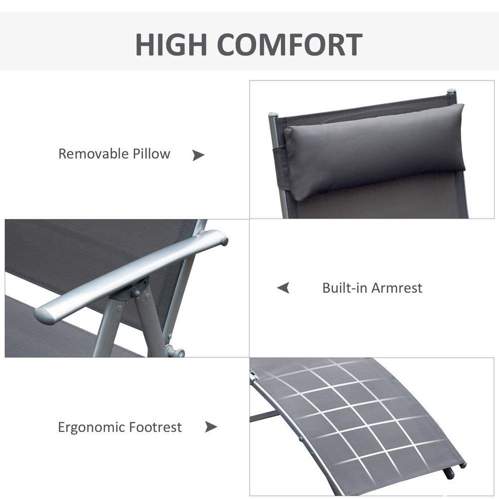 image-Sun Lounger Recliner w/ Pillow Foldable 7 Levels Textilene Grey
