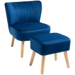 image-Velvet-Feel Accent Chair w/ Ottoman Tub Seat Padding Wood Legs Dark Blue