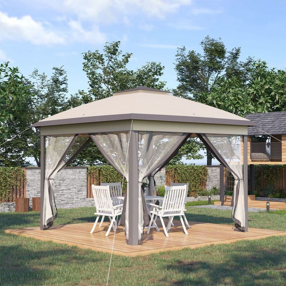 image-Pop Up Gazebo Height Adjustable Canopy Tent w/ Carrying Bag, Beige