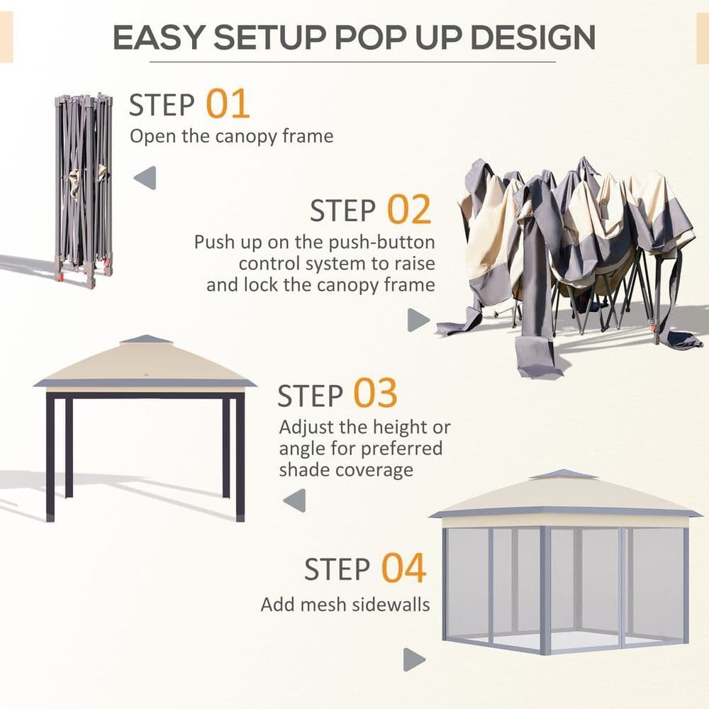 image-Pop Up Gazebo Height Adjustable Canopy Tent w/ Carrying Bag, Beige