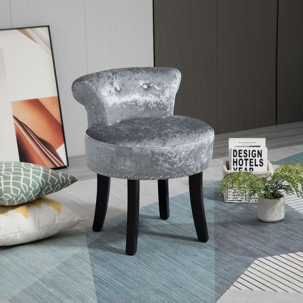 image-Dressing Table Stool Vanity Seat w/ Rubber Wood Legs Bedroom - Grey