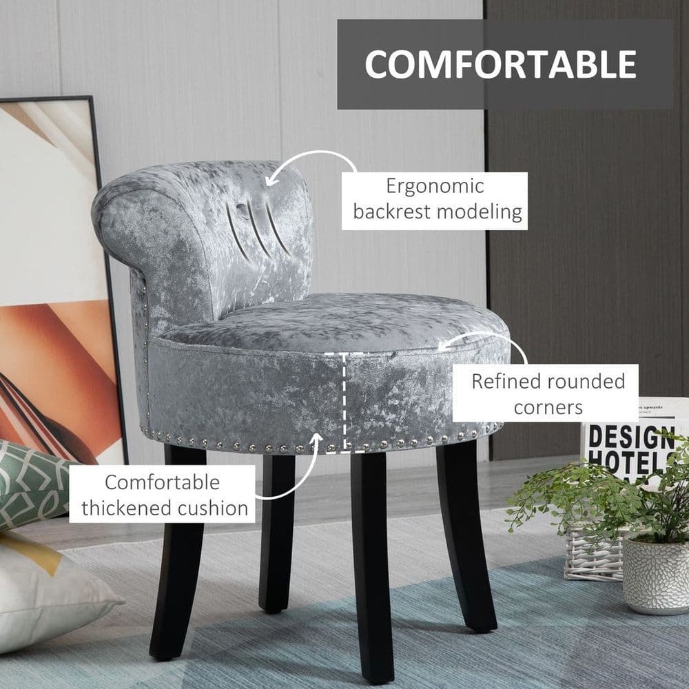image-Dressing Table Stool Vanity Seat w/ Rubber Wood Legs Bedroom - Grey