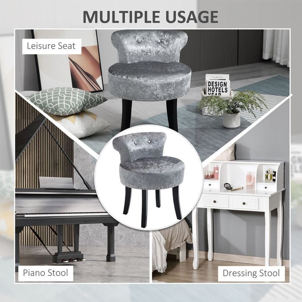 image-Dressing Table Stool Vanity Seat w/ Rubber Wood Legs Bedroom - Grey