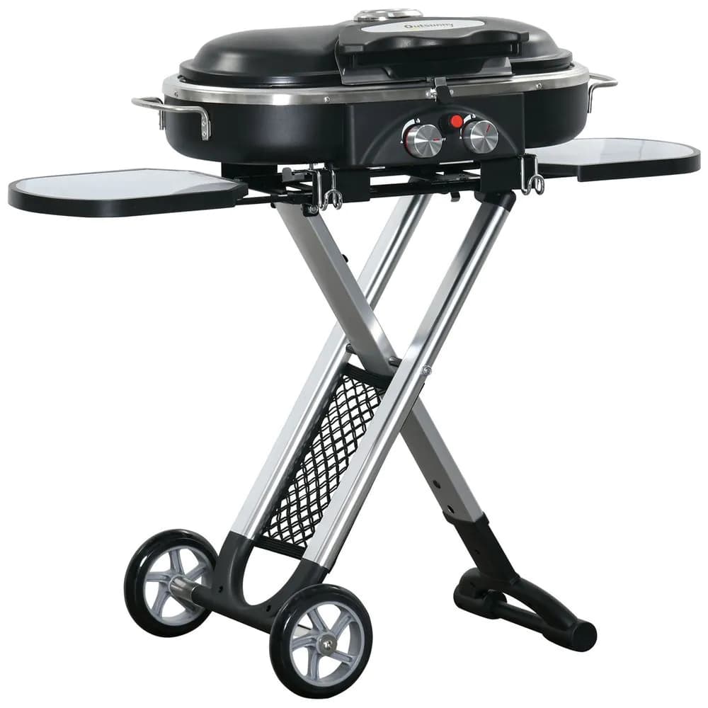 image-Foldable 2 Burner Gas BBQ Grill Trolley w/ Side Shelves Storage Pocket