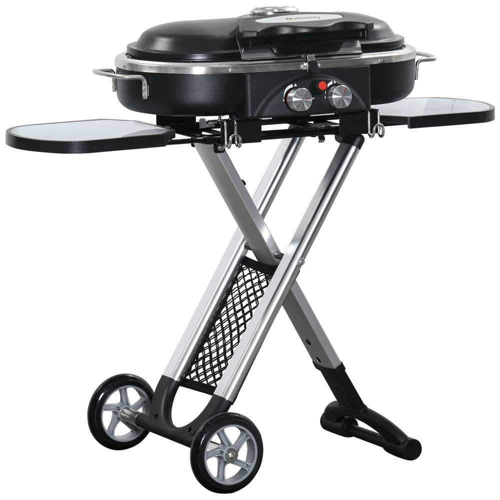image-Foldable 2 Burner Gas BBQ Grill Trolley w/ Side Shelves Storage Pocket