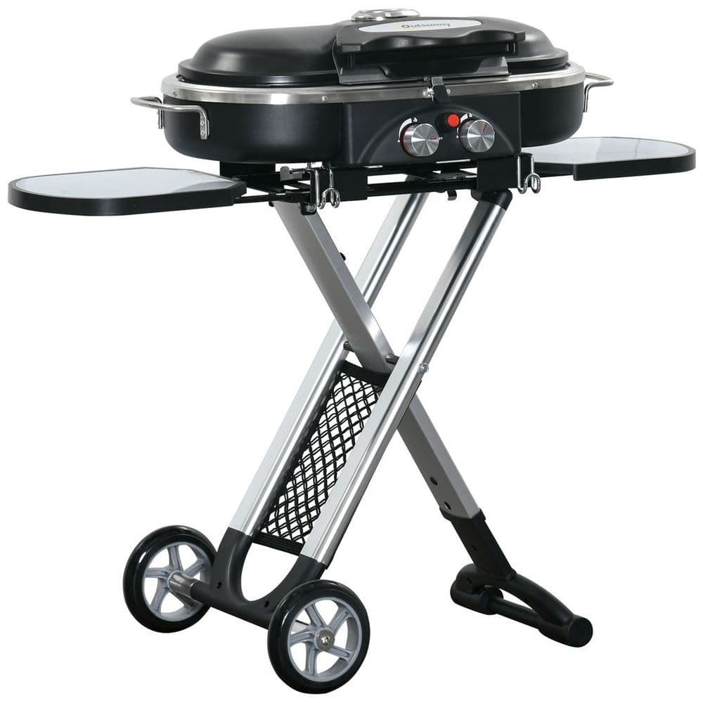 image-Foldable 2 Burner Gas BBQ Grill Trolley w/ Side Shelves Storage Pocket