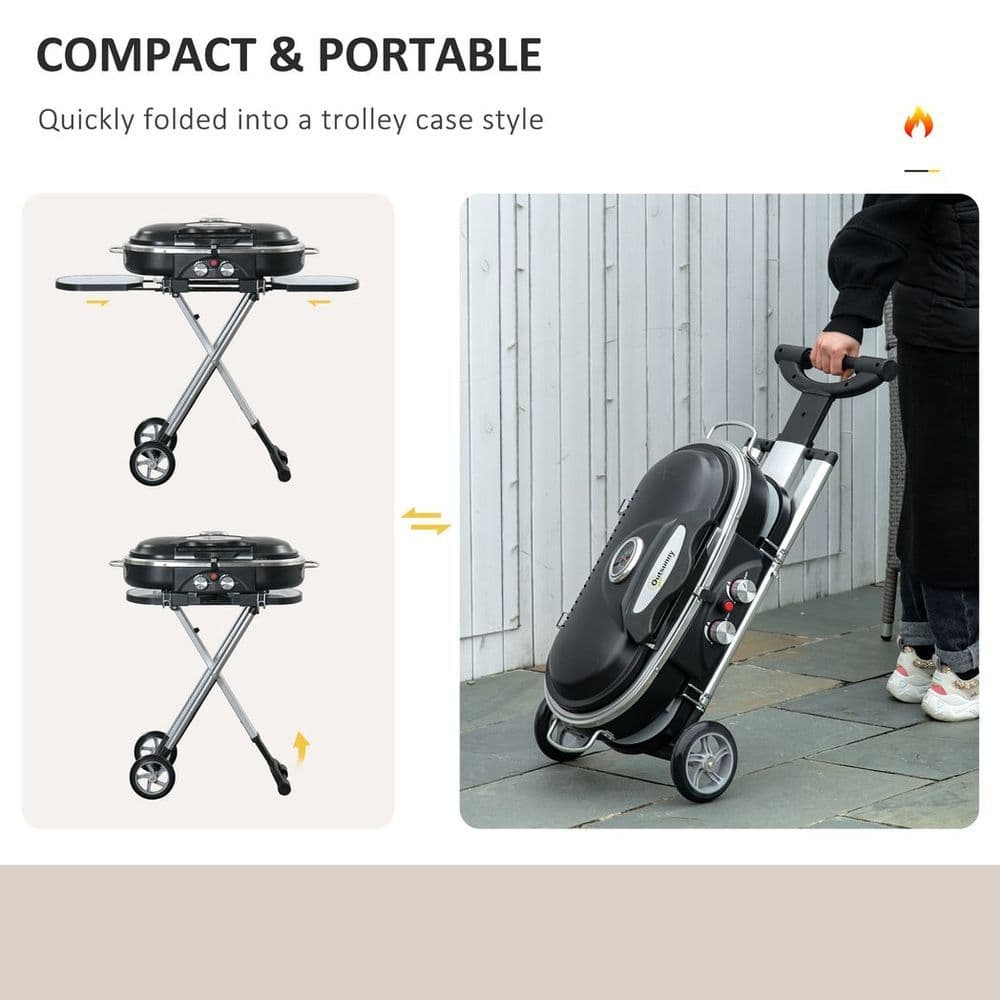 image-Foldable 2 Burner Gas BBQ Grill Trolley w/ Side Shelves Storage Pocket
