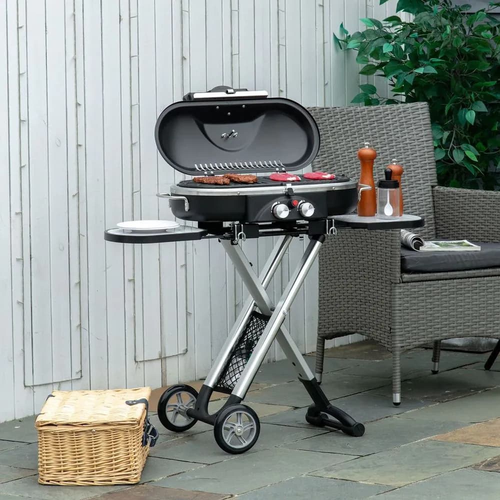 image-Foldable 2 Burner Gas BBQ Grill Trolley w/ Side Shelves Storage Pocket