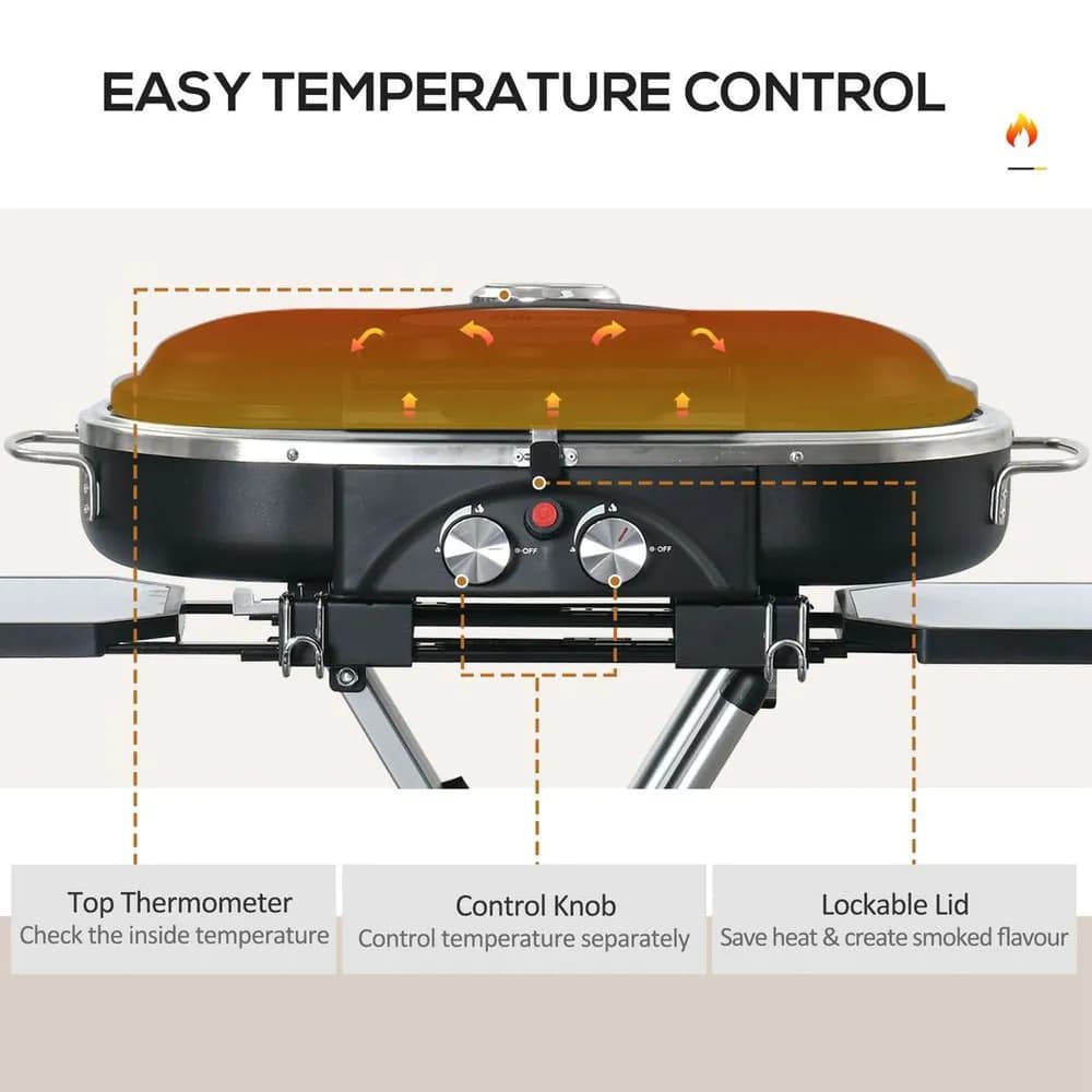 image-Foldable 2 Burner Gas BBQ Grill Trolley w/ Side Shelves Storage Pocket