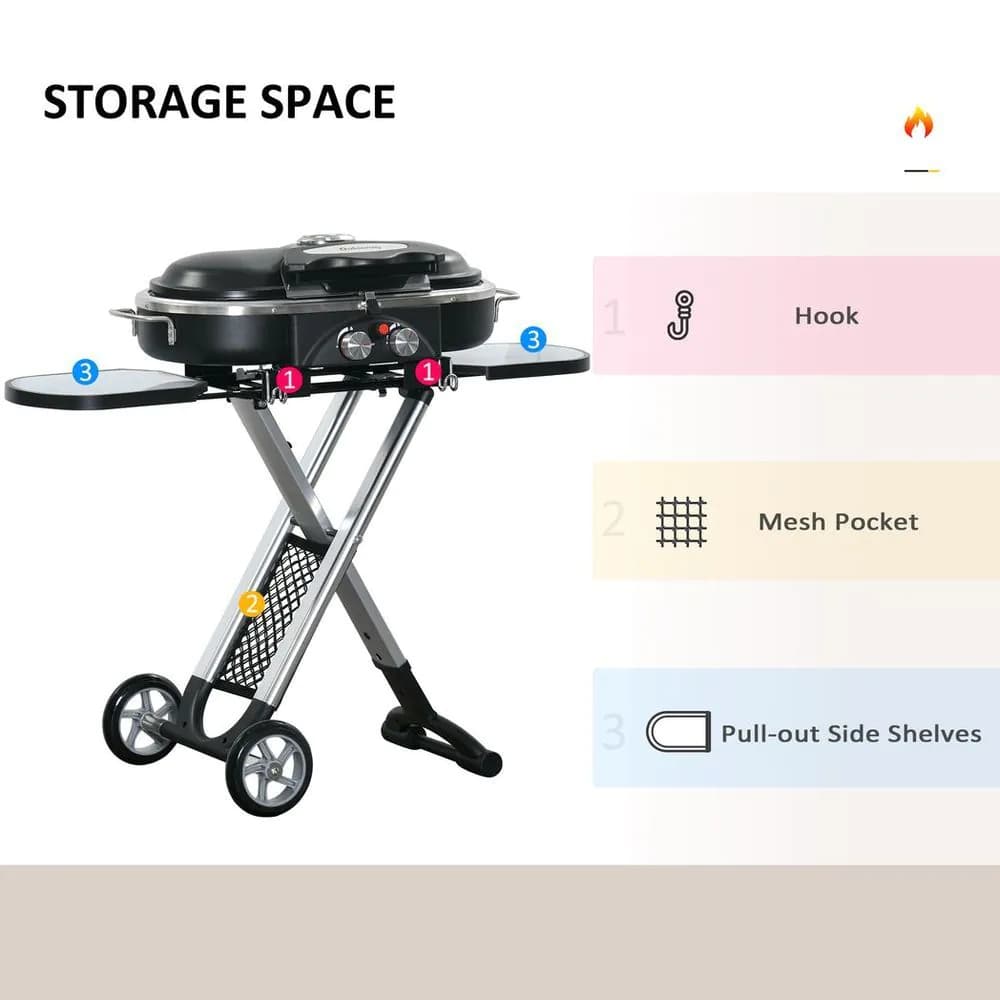 image-Foldable 2 Burner Gas BBQ Grill Trolley w/ Side Shelves Storage Pocket