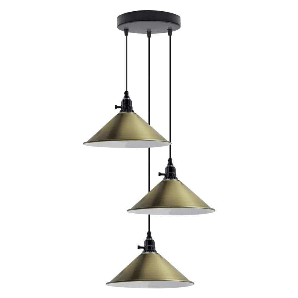 image-Industrial 3 Head Cluster Ceiling Pendant Adjustable Cord - E27 Base,Metal Light Fitting, Cone Shaped Light Shade